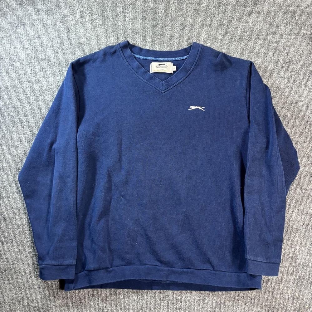 Slazenger Sweater Mens XL Blue V Neck Knit Pullover Golf Logo Casual Long Sleeve